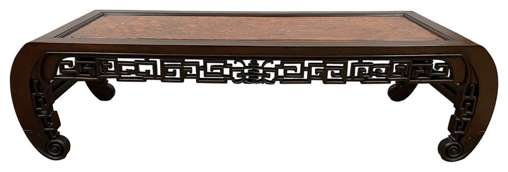 Consigned Antique Chinese Rosewood Carved Coffee Table with Burl Wood Top