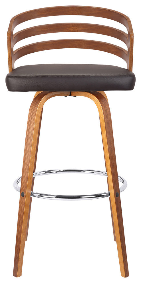 Aberdeen 30" Mid-Century Swivel Barstool, Brown Faux Leather With Walnut Veneer