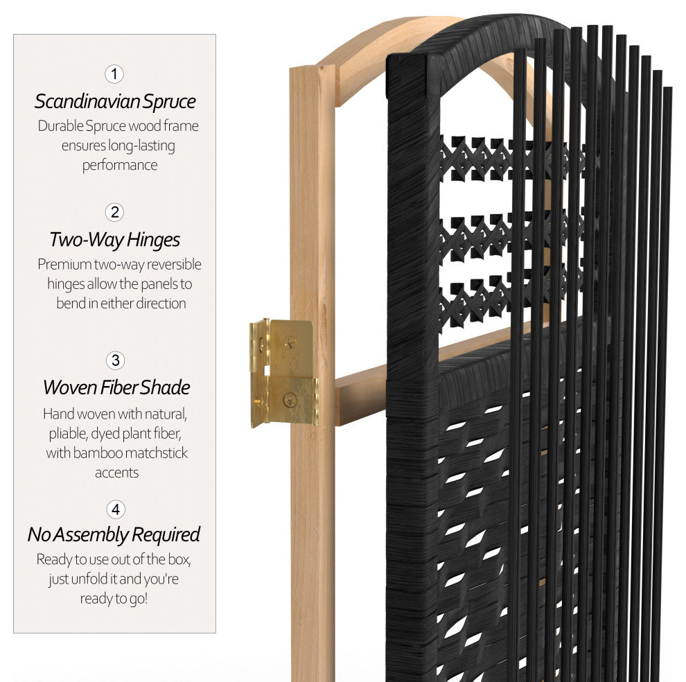 4' Tall Fiber Weave Room Divider, Black, 4 Panels