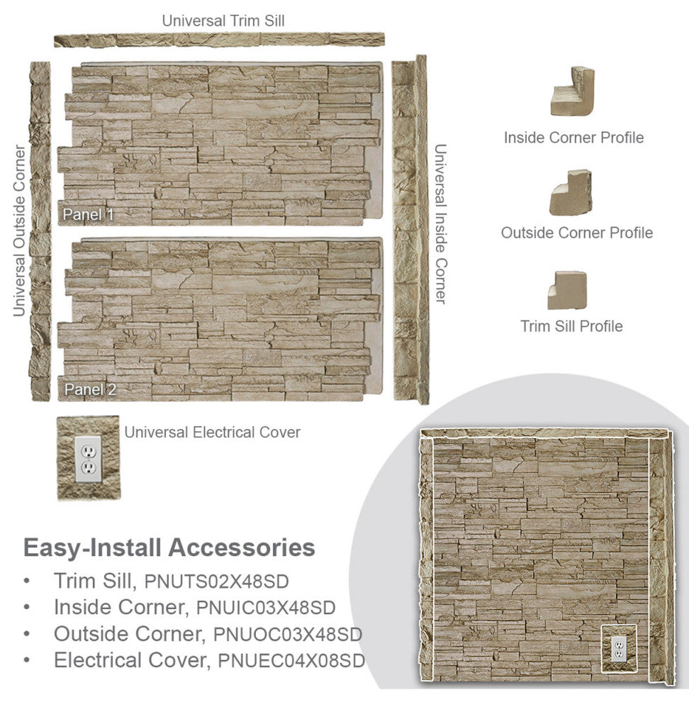 Universal Inside Corner for EverStone Faux Stone Siding Panel, 3"W x 3"D x 48"H