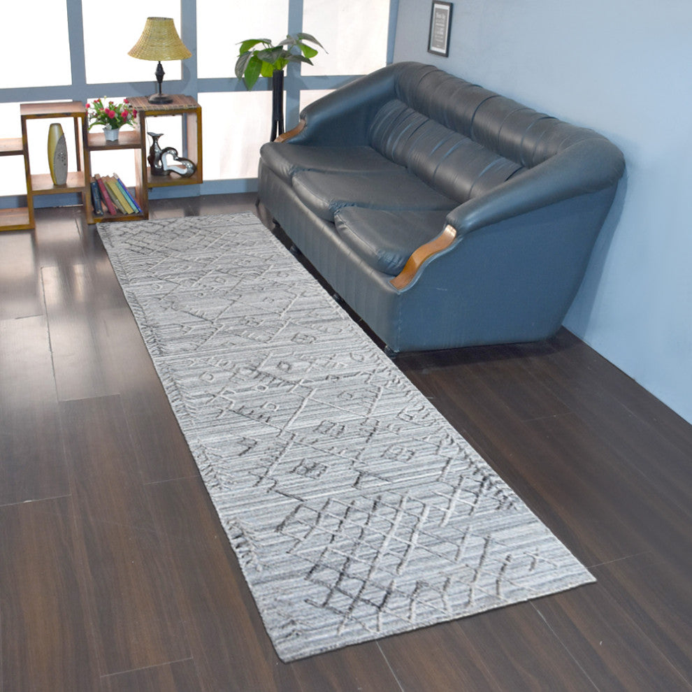 HAND WOVEN FLAT WEAVE KILIM POLYESTER AREA RUGS -Rectangle,Silver,Geometric, [Runner] 2'6''x10'