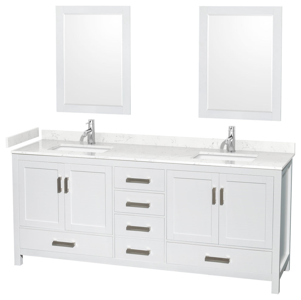 80"DBL Bathroom Vanity White, Carrara Cult. Marble Countertop, Sinks, 24"Mirrors