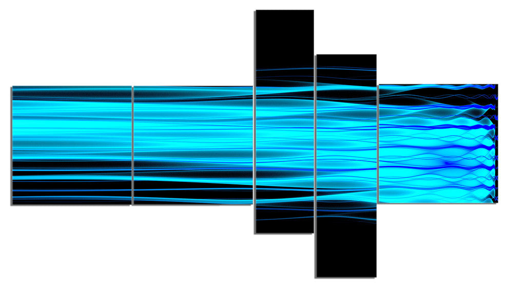 Bright Blue Fractal Waves, Abstract Art on Canvas, 60"x32", 5 panels