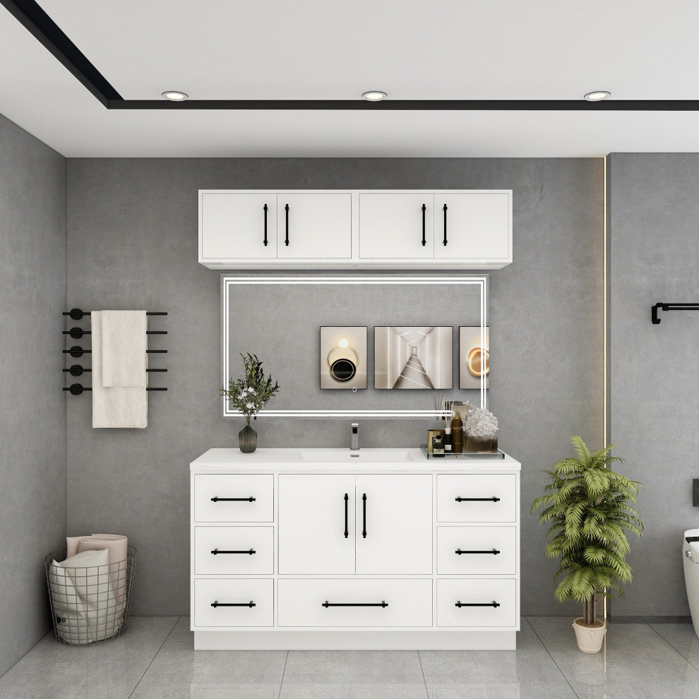 Victoria 60" Solid Wood Vanity Single Sink, Overhead Cabinet, Glossy White