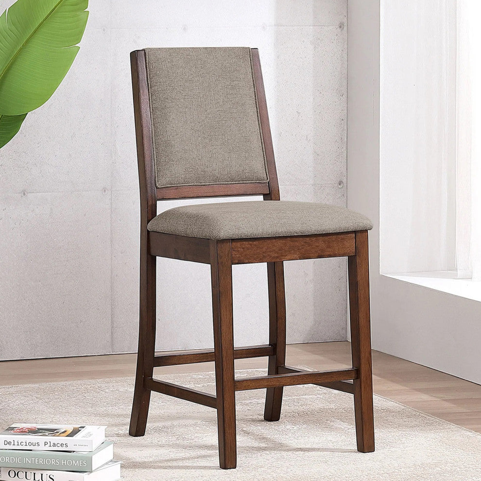 Set of 2 Upholstered Counter Chairs With Footrest, Mango Oak and Beige