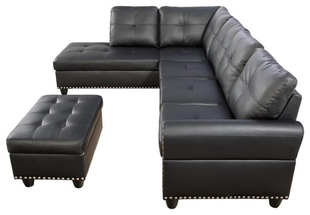 Trent Home Transitional Faux Leather Sectional Sofa with Ottoman in Black