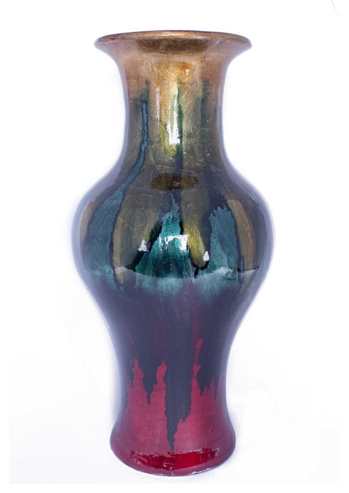 13" X 13" X 25" Gold, Green And Red Ceramic Foiled and Lacquered Ceramic Vase