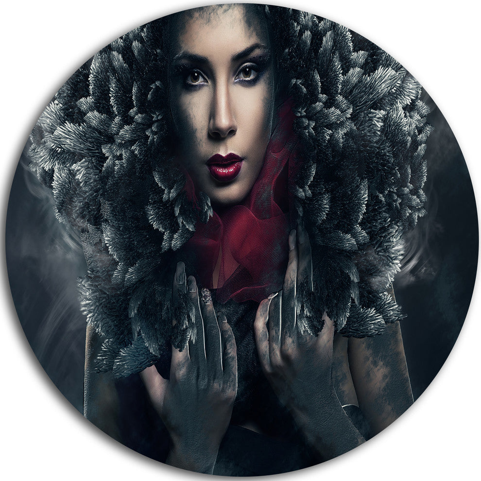 Passionate Woman In Feather Hood, Art Portrait Disc Metal Wall Art, 23"