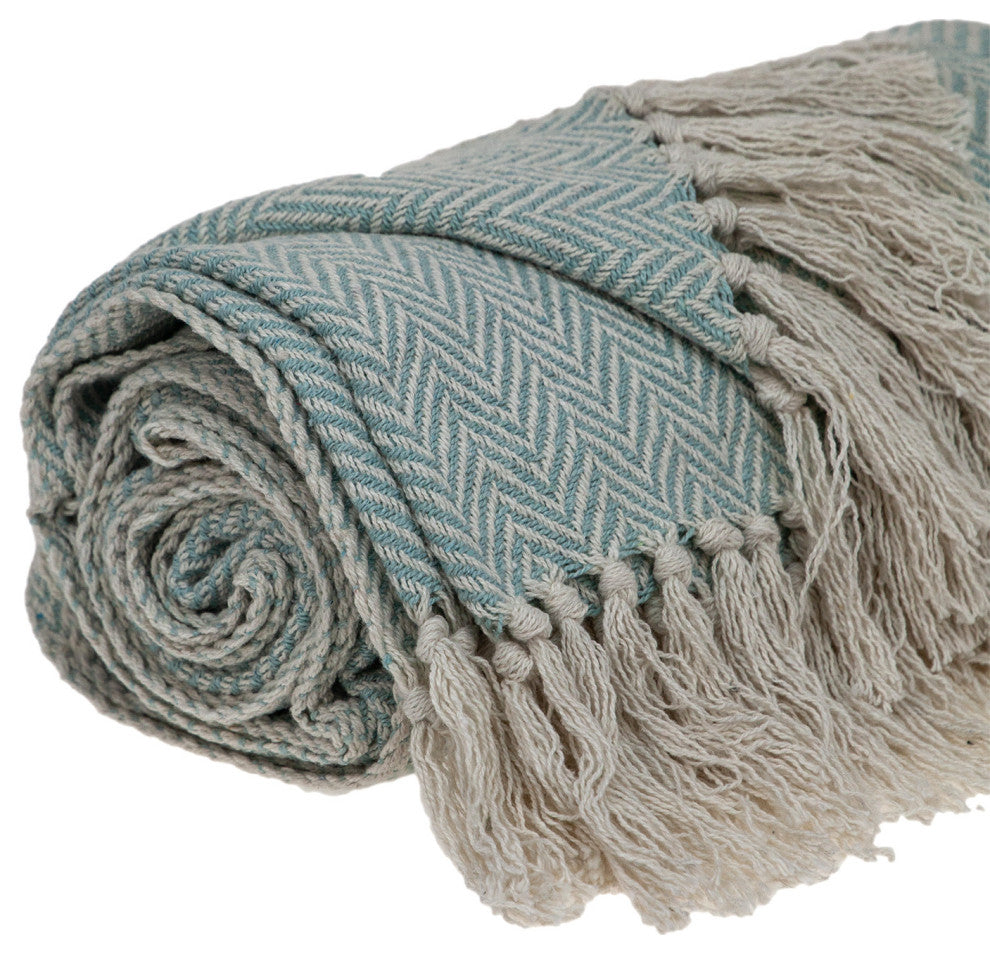 Handloomed Pale Aqua Cotton Throw Blanket With Tassels