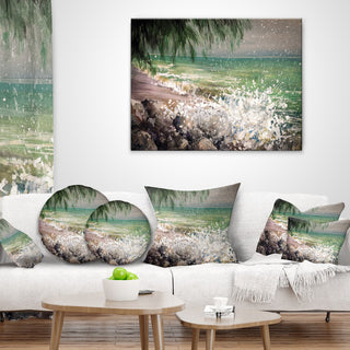 Rocky Seashore with White Waves Seashore Throw Pillow, 18"x18"