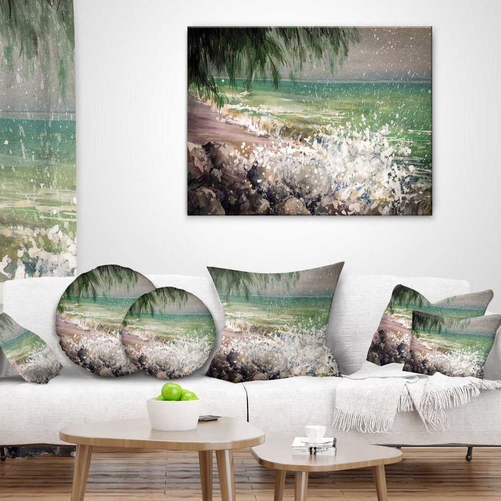 Rocky Seashore with White Waves Seashore Throw Pillow, 18"x18"