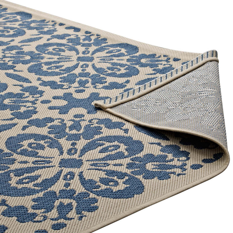 Ariana Vintage Floral Trellis 9x12 Indoor and Outdoor Area Rug, Blue and Beige
