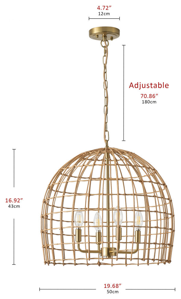 4-Light Hand-Woven Rattan Pendant Light for Kitchen Island