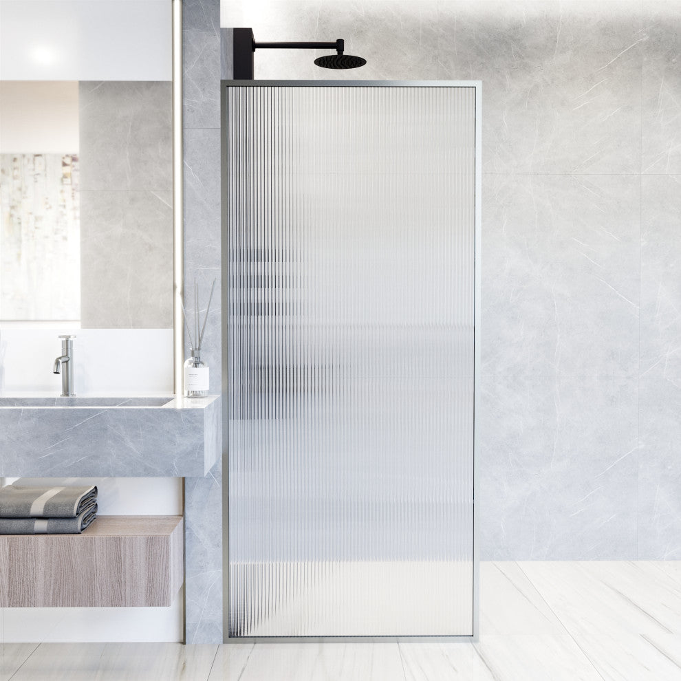 VIGO Meridian Framed Fixed, Stainless Steel, Shower Screen, 34" W X 74" H, Fluted Glass