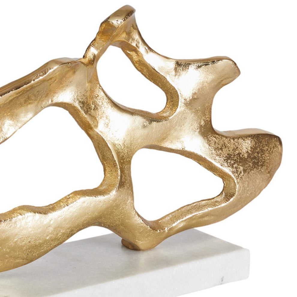 Wide Abstract Driftwood Shape Sculpture Coastal Modern White Marble Gold Metal