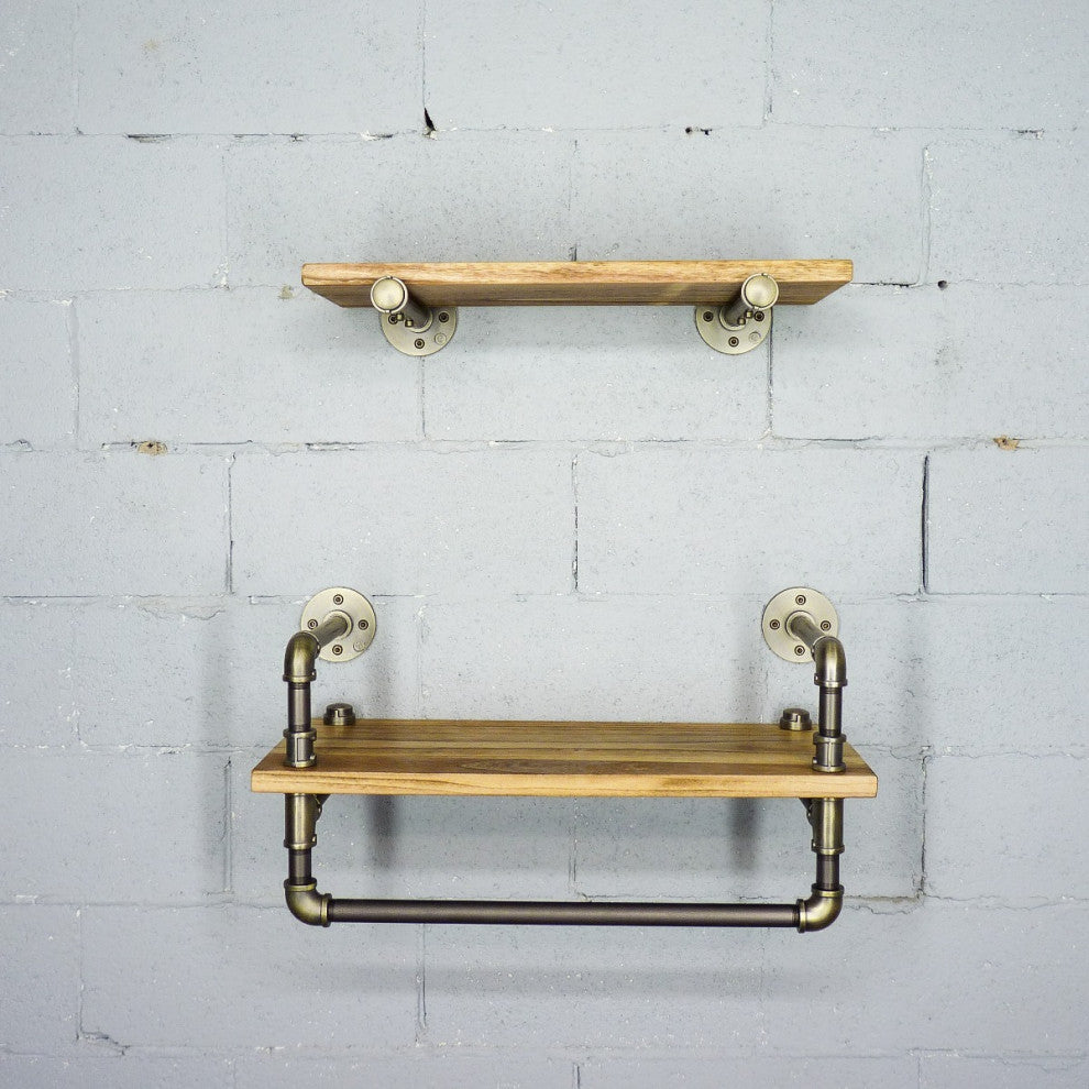 Austin Farmhouse Industrial 24" and 27" Wide 2-Piece Shelf Rack, Brushed Brass