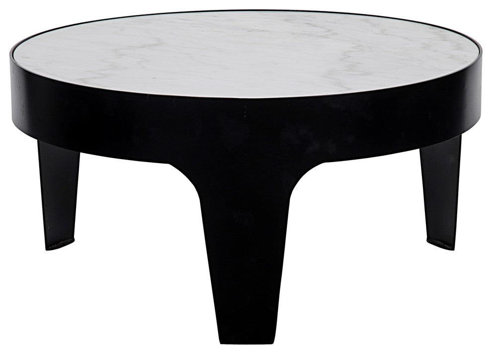 NOIR Furniture, Cylinder Round Coffee Table, Black Metal with Quartz Top