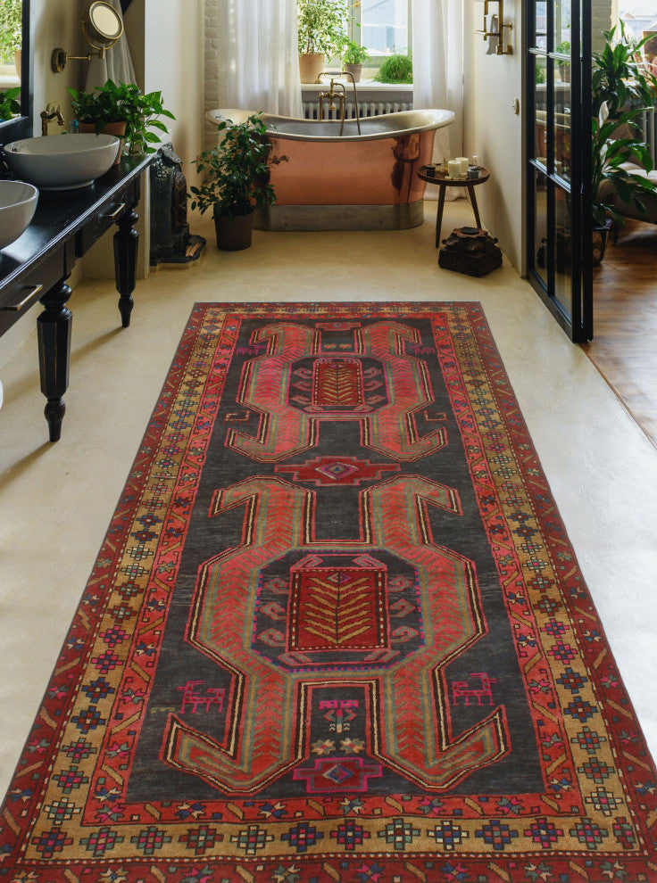 Fine Vintage Distressed Anaid Charcoal/Rust Runner, 4'5x9'2