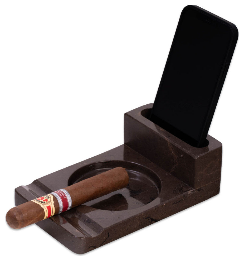 Genuine Marble Cigar Ashtray and Accessory Storage, Brown