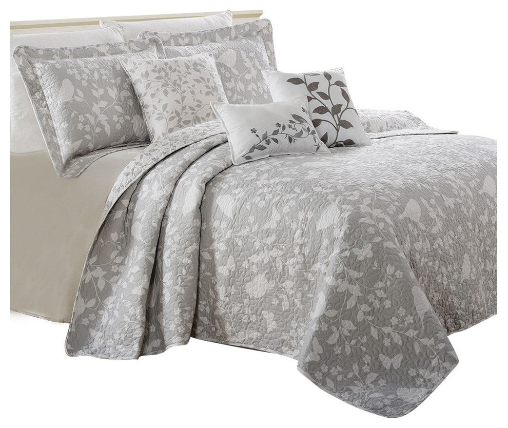 Birdsong 6-Piece Bed Spread Set, Gray, King, 102"x90"