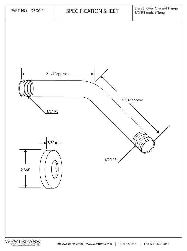 6" Shower Arm In Polished Brass, Polished Chrome