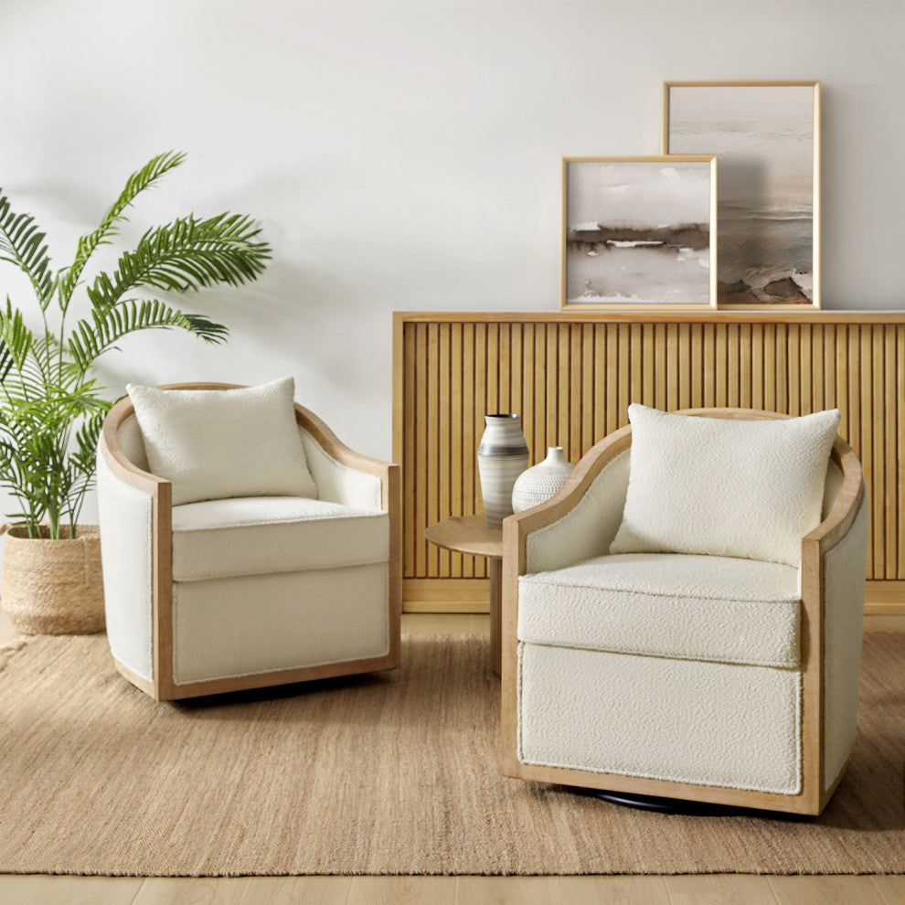 Solid Wood Swivel Chair Set of 2 With Solid Wood Edging, Ivory