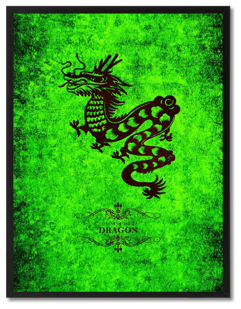 Dragon Chinese Zodiac Green Print on Canvas with Picture Frame, 28"x37"