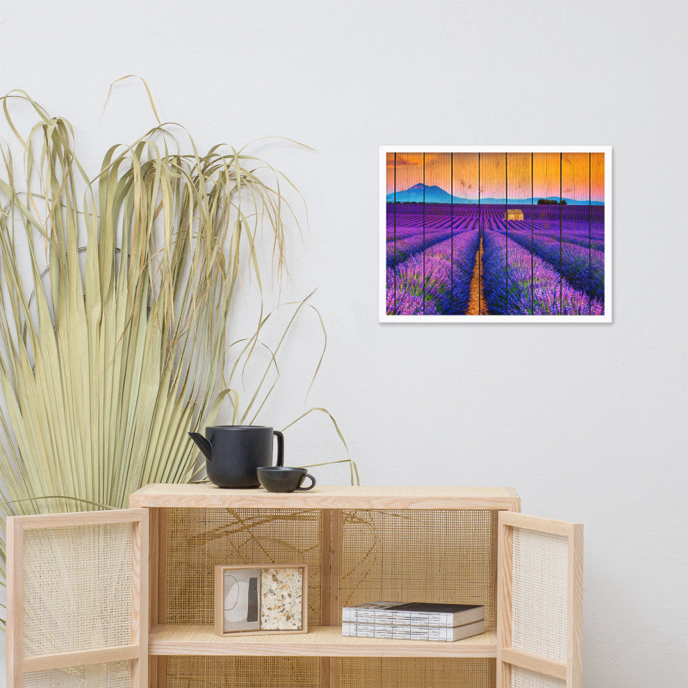 Faux Wood Lavender Fields and Sunset Landscape Framed Photo Paper Wall Art Print, White, 18" X 24"