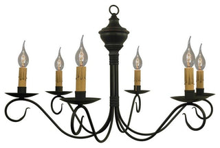 6 Arm Colonial Chandelier Wood Metal Handcrafted, Black on Barn Red