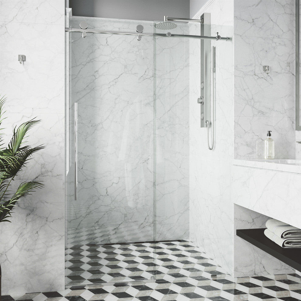 VIGO Elan E-Class 68" to 72" W x 76" H Frameless Sliding Shower Door, Chrome, Clear Glass