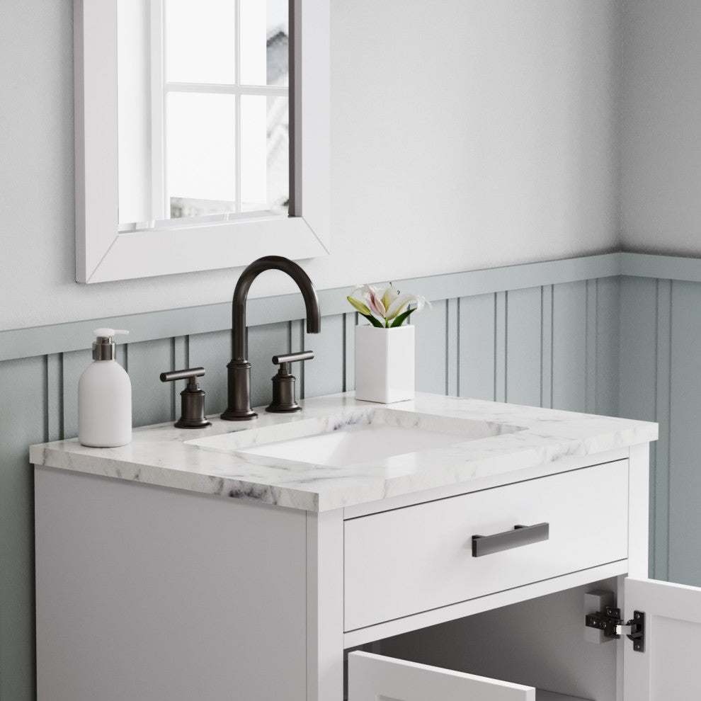 Hartford 30" Single Sink Marble Countertop Bath Vanity, White, Vanity With Mirro