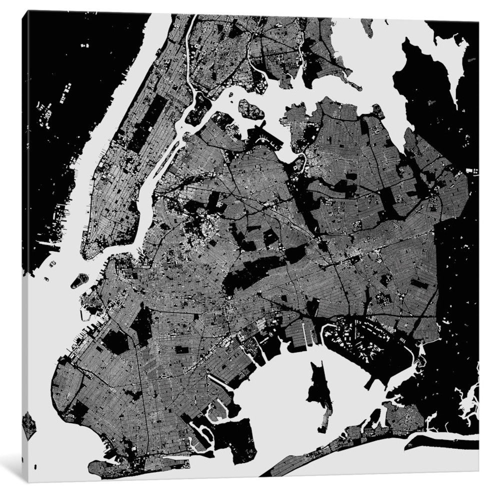 "New York City Urban Map (Black)" by Urbanmap, Canvas Print, 12x12"
