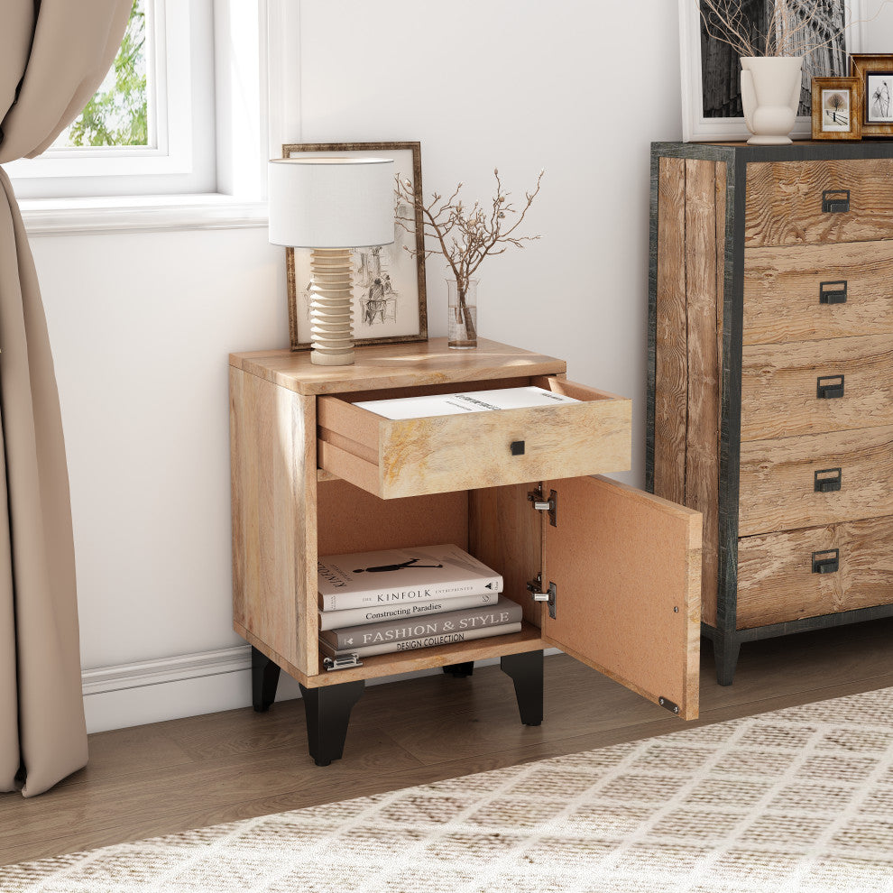 GDF Studio Vintage Hand-Crafted Line Wood Nightstand with Drawer, Natural