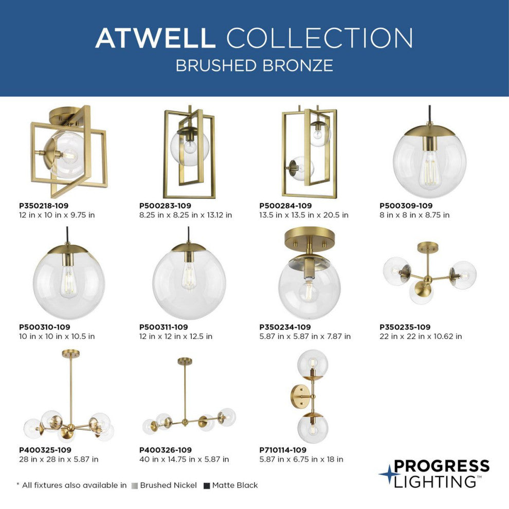 Atwell Collection 9-3/4" 1-Light Brushed Bronze Clear Glass Semi-Flush Mount