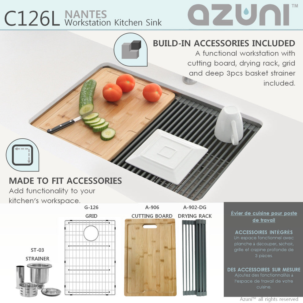 AZUNI 25"L x 19"L Single Bowl Undermount 16G Reversible Workstation Kitchen Sink