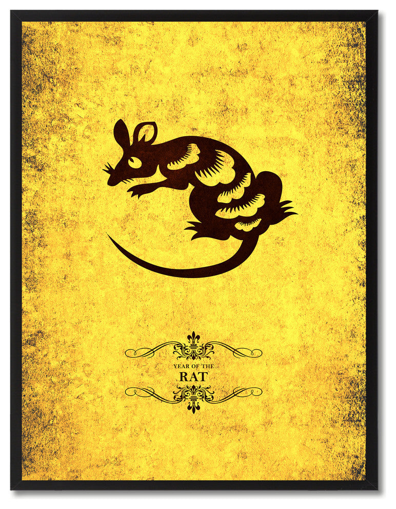 Rat Chinese Zodiac Yellow Print on Canvas with Picture Frame, 22"x29"