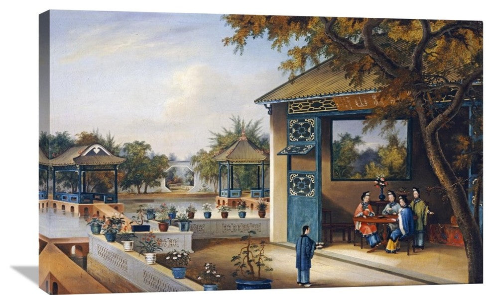 "Chinese Ladies Playing Mahjong In The Pavilion of a House" Artwork, 36" x 23"