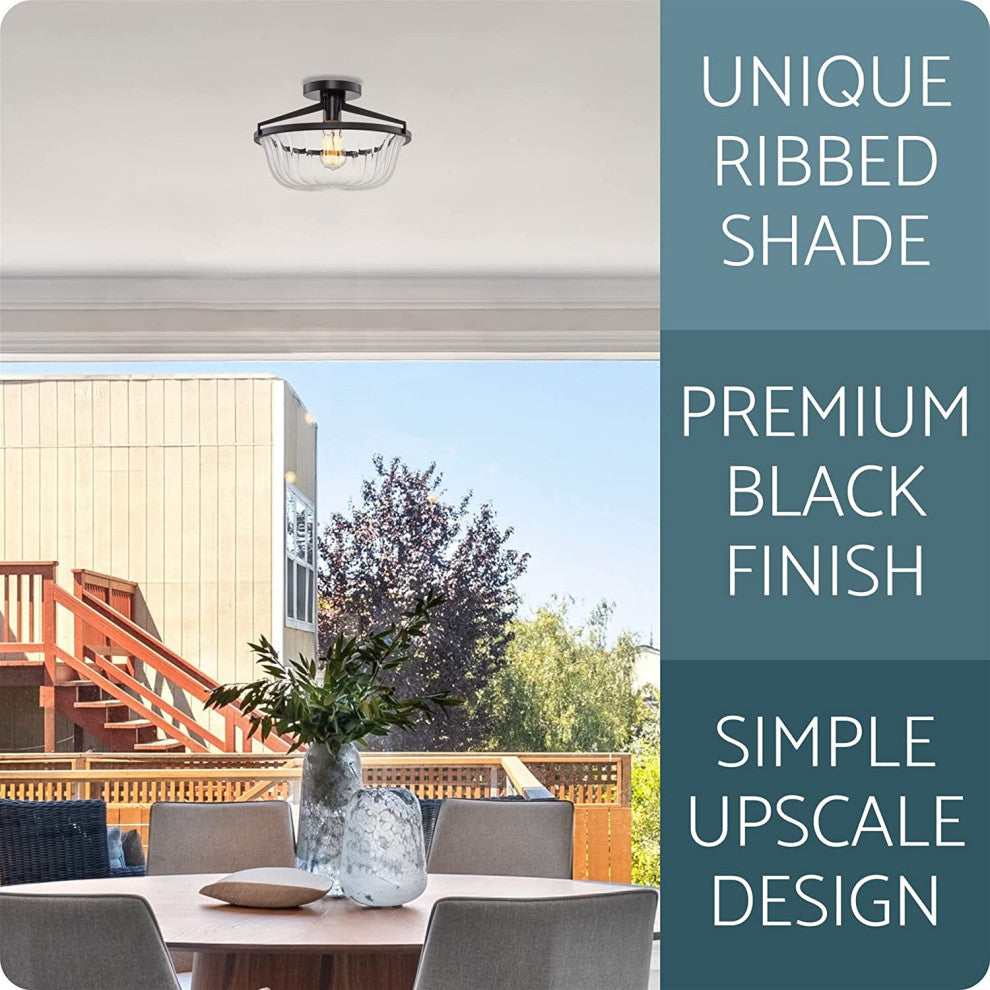 Modern Farmhouse Semi Flush Mount Ceiling Lamp, Black, Glass