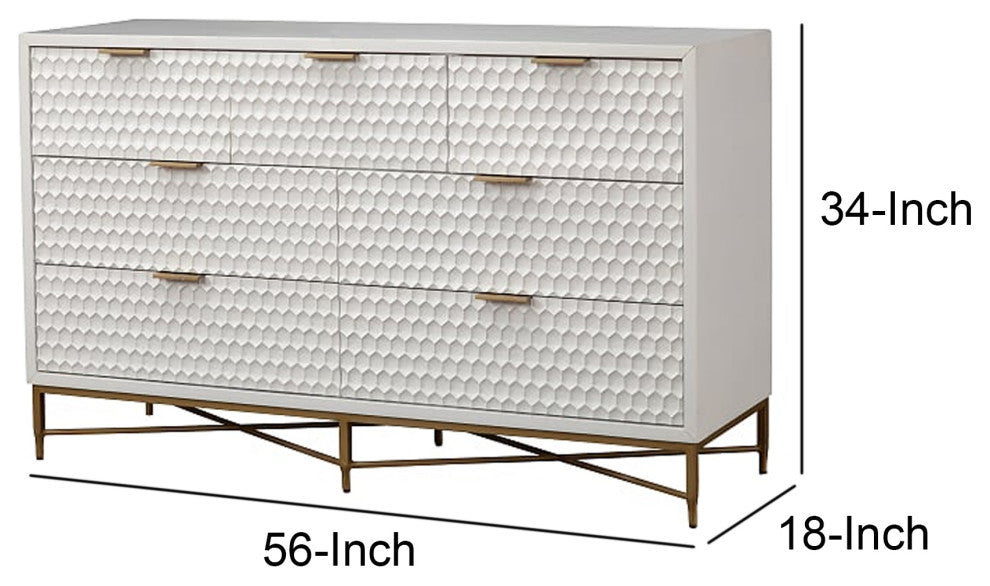 Benzara BM206686 Honeycomb Design 7 Drawer Dresser With Metal Legs, White
