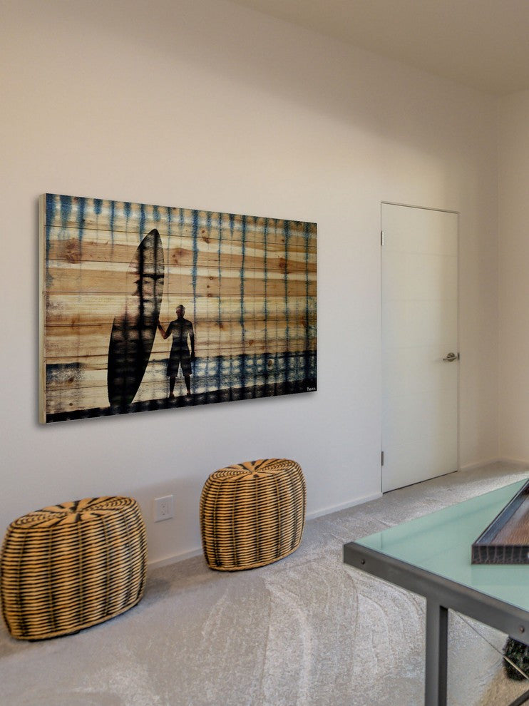 "Surf at Dusk" Print on Natural Pine Wood, 36"x24"