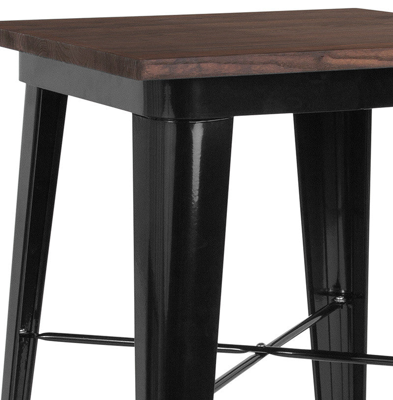 23.5" Square Black Metal Indoor Bar Height Table With Walnut Rustic Wood Top