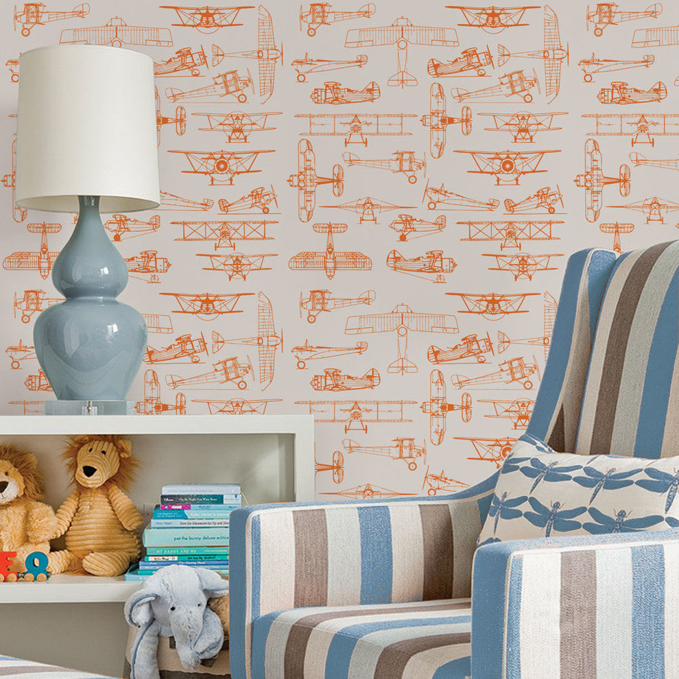Airplanes Peel and Stick Vinyl Wallpaper, Orange Blossom, 24"w X 60"h