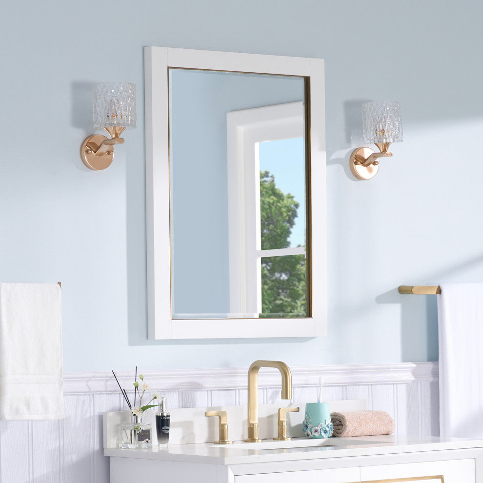 Solid Wood Beleved Edge Rectangular Framed Bathroom Wall Vanity Mirror, White, 24"?x32"