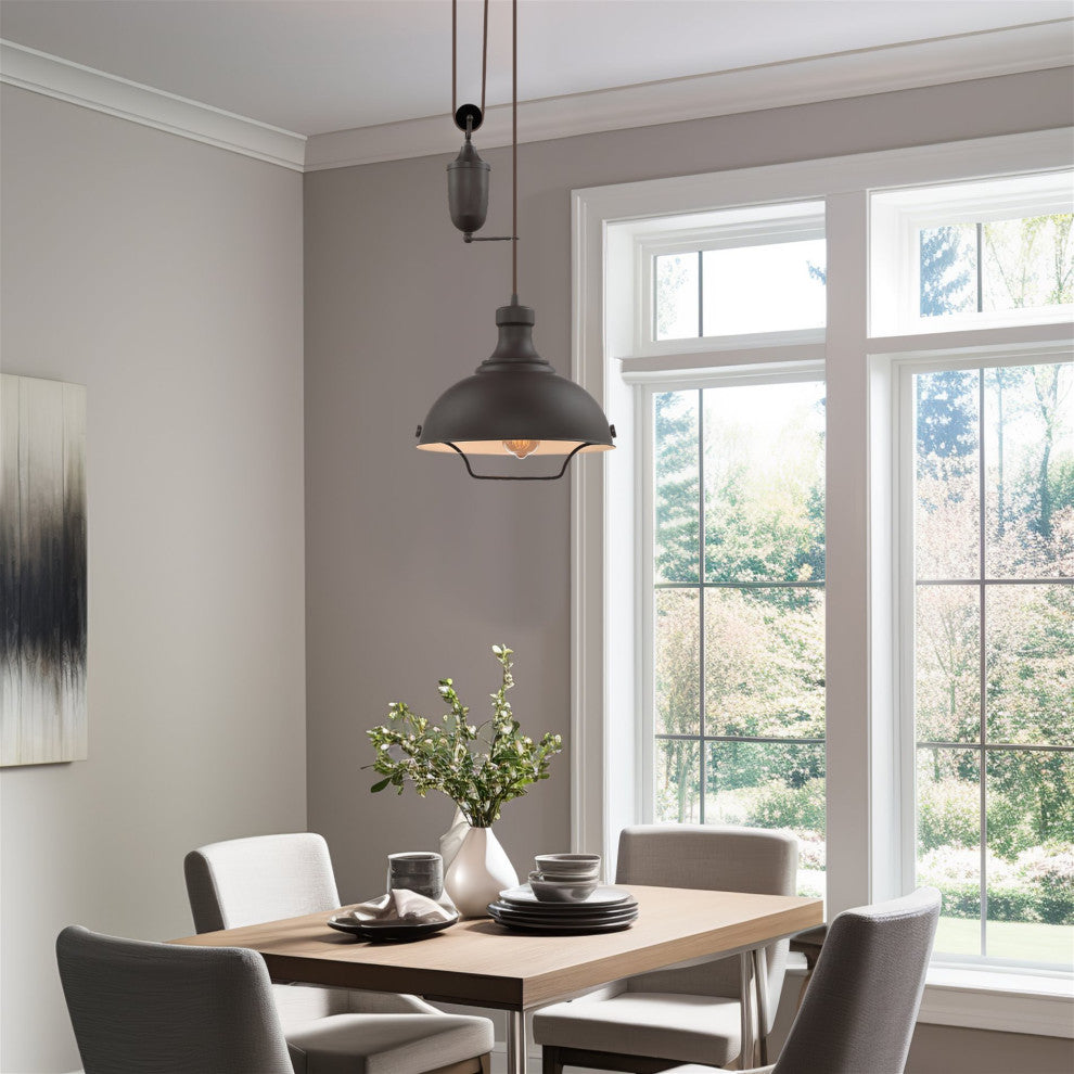 Kira Home Sequoia 13" Farmhouse Pulley Pendant Light, Retractable Design
