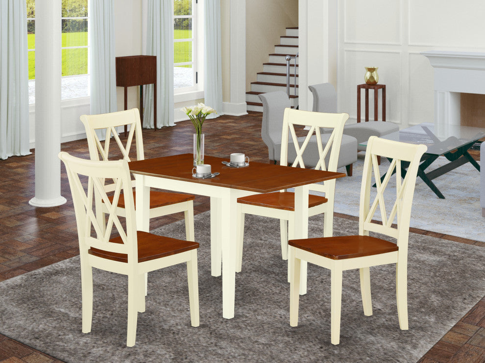 Dining Set 5 Pcs- 4 Wood Chairs, Table, Buttermilk Finish Hardwood Structure.