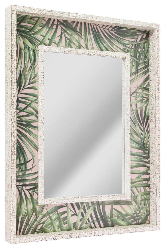 Tropical Leaves Print Distressed White Raised Lip Double Framed Accent Mirror