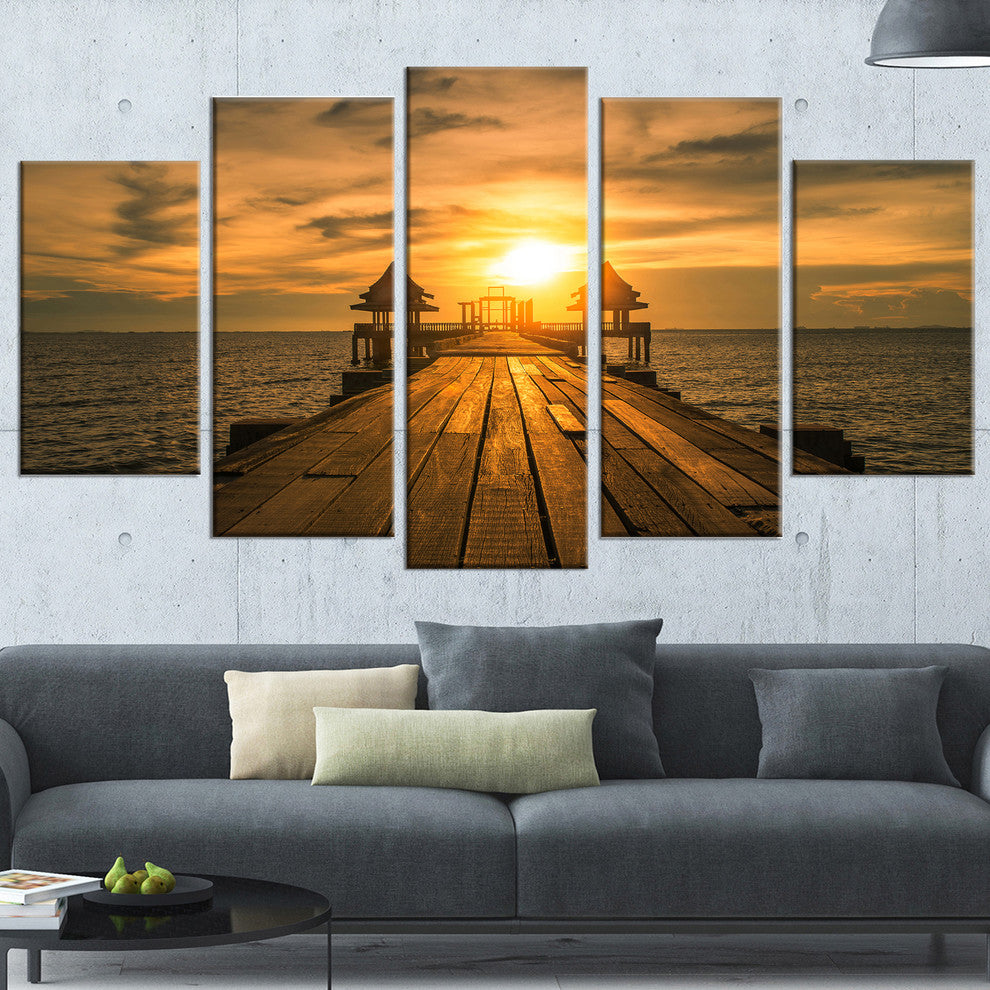 "Huge Wooden Bridge To Illuminated Sky" Sea Pier Wall Art, 5 Panels, 60"x32"