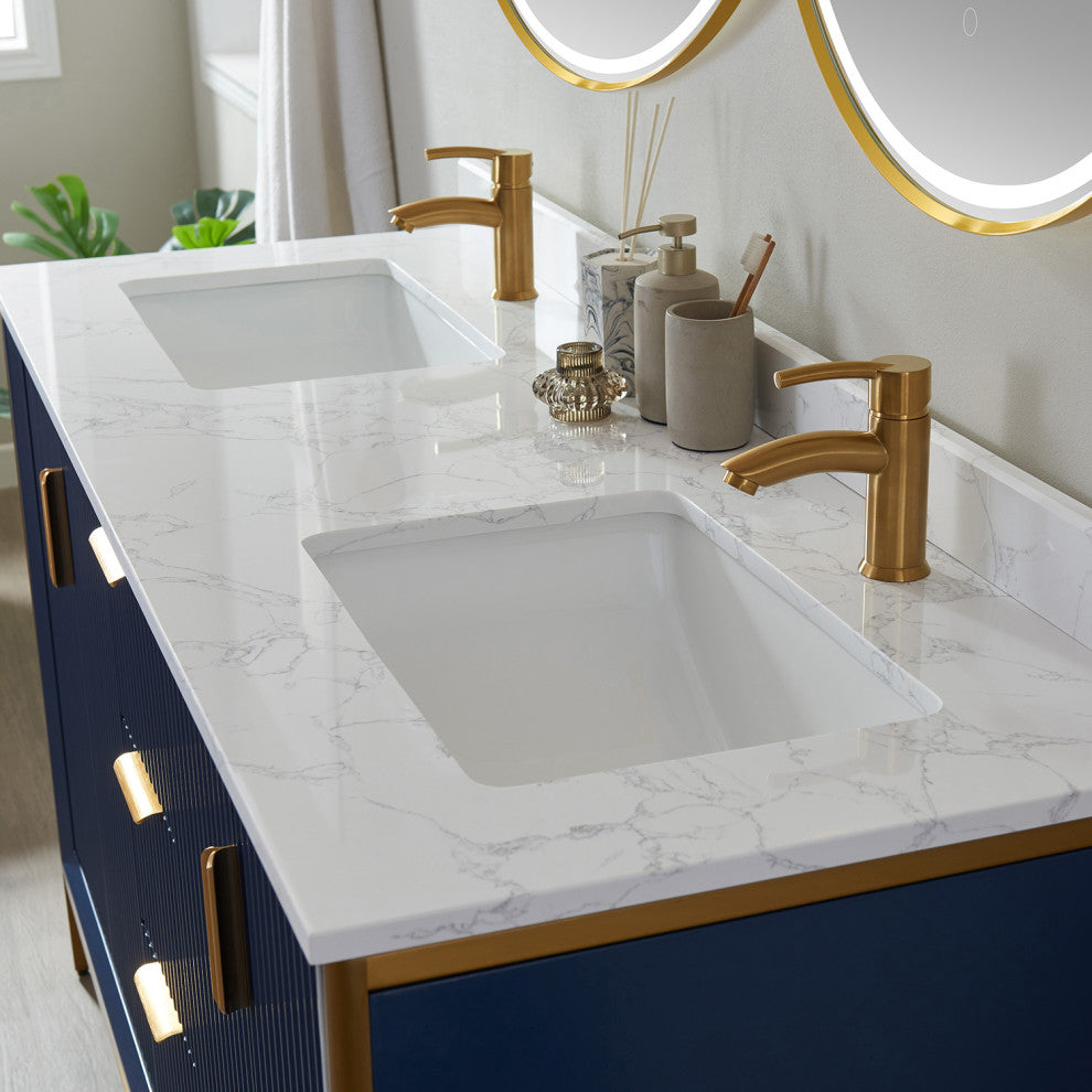 Granada Vanity With White Composite Stone Top, Royal Blue, 60", With Mirror