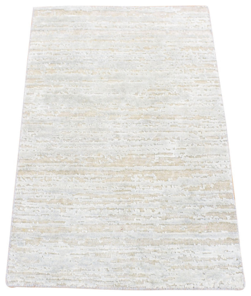 Light Beige Silk With Textured Wool Modern Design Hand Knotted Mat Rug, 2'x3'