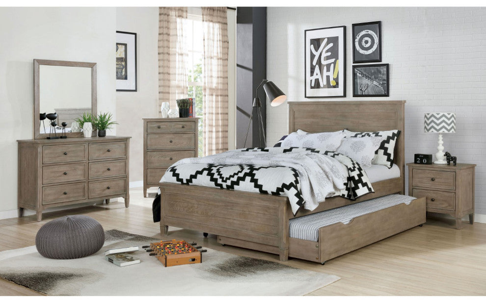 2 Drawers Wooden Night Stand, Wire-Brushed Warm Gray